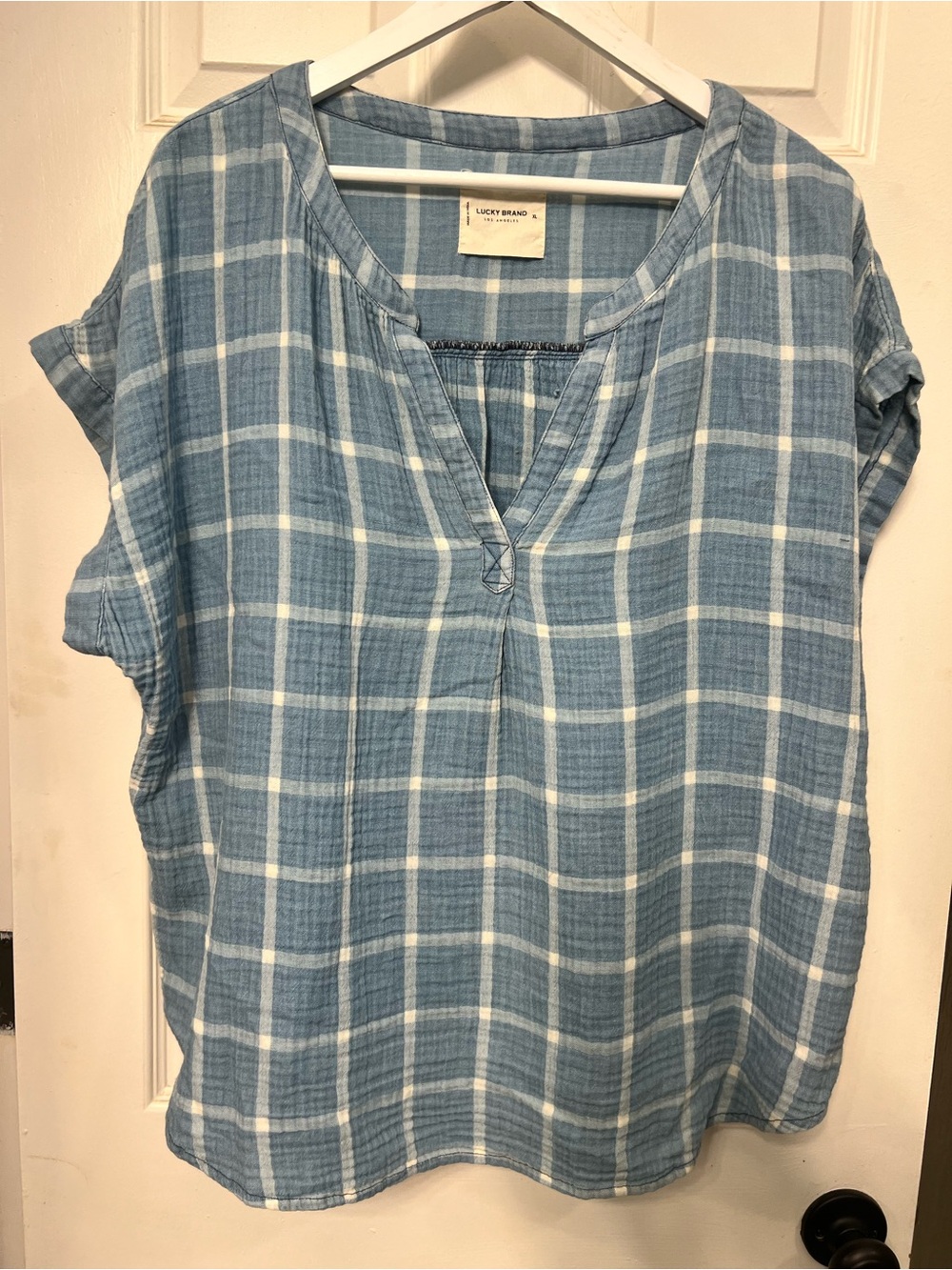 Lucky Brand Light Blue and White Plaid V-Neck Short Sleeve Top